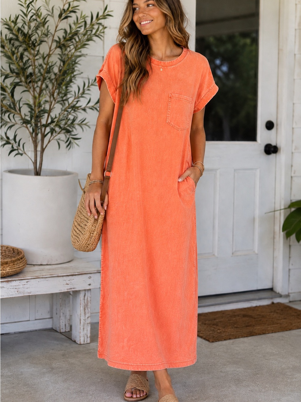 NWOT Zenana Acid Washed Orange Midi T-Shirt Dress w/ Pockets M
